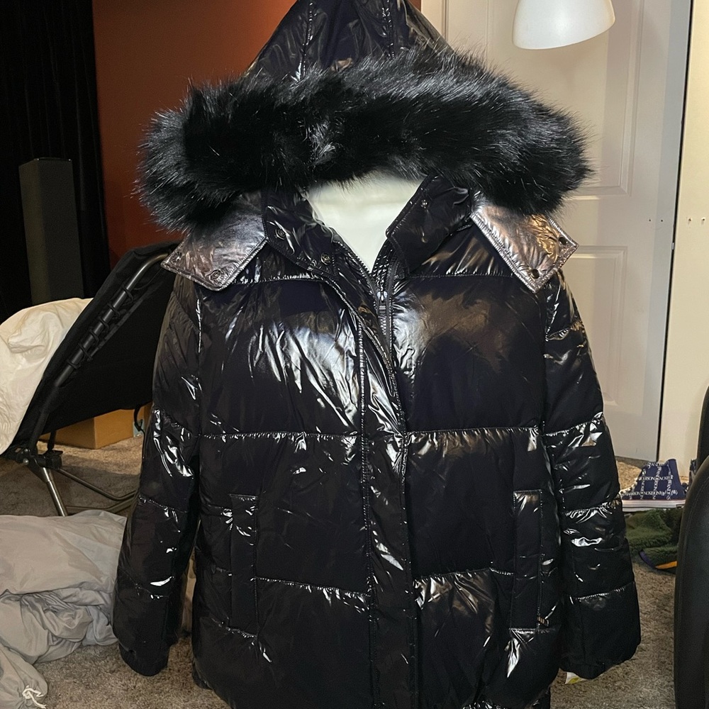 Shiny Faux Fur Trim Puffer Jacket by KENSIE